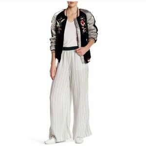 Free people white striped pull on pants green elastic waist band  size S